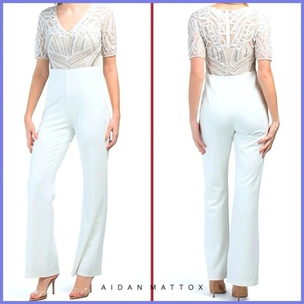 Aidan Mattox Ivory White Sequin Embellished Jumpsuit